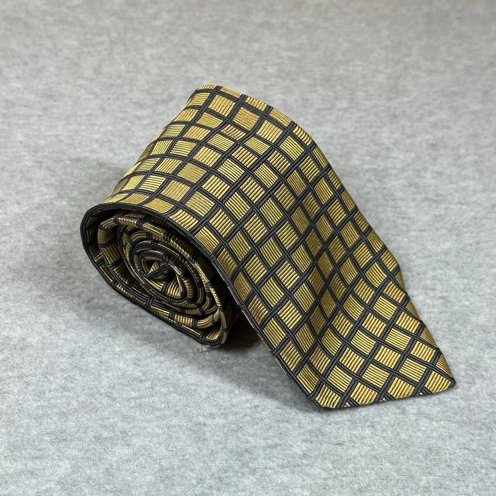Brooks Brothers Makers Necktie Blue Check Yellow Basket Weave Silk USA